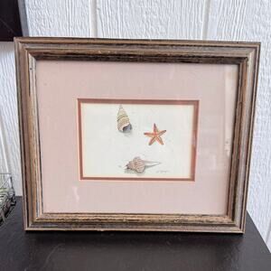 D. Morgan Signed Seashell Watercolor Print Framed & Matted Coastal Cottage Decor